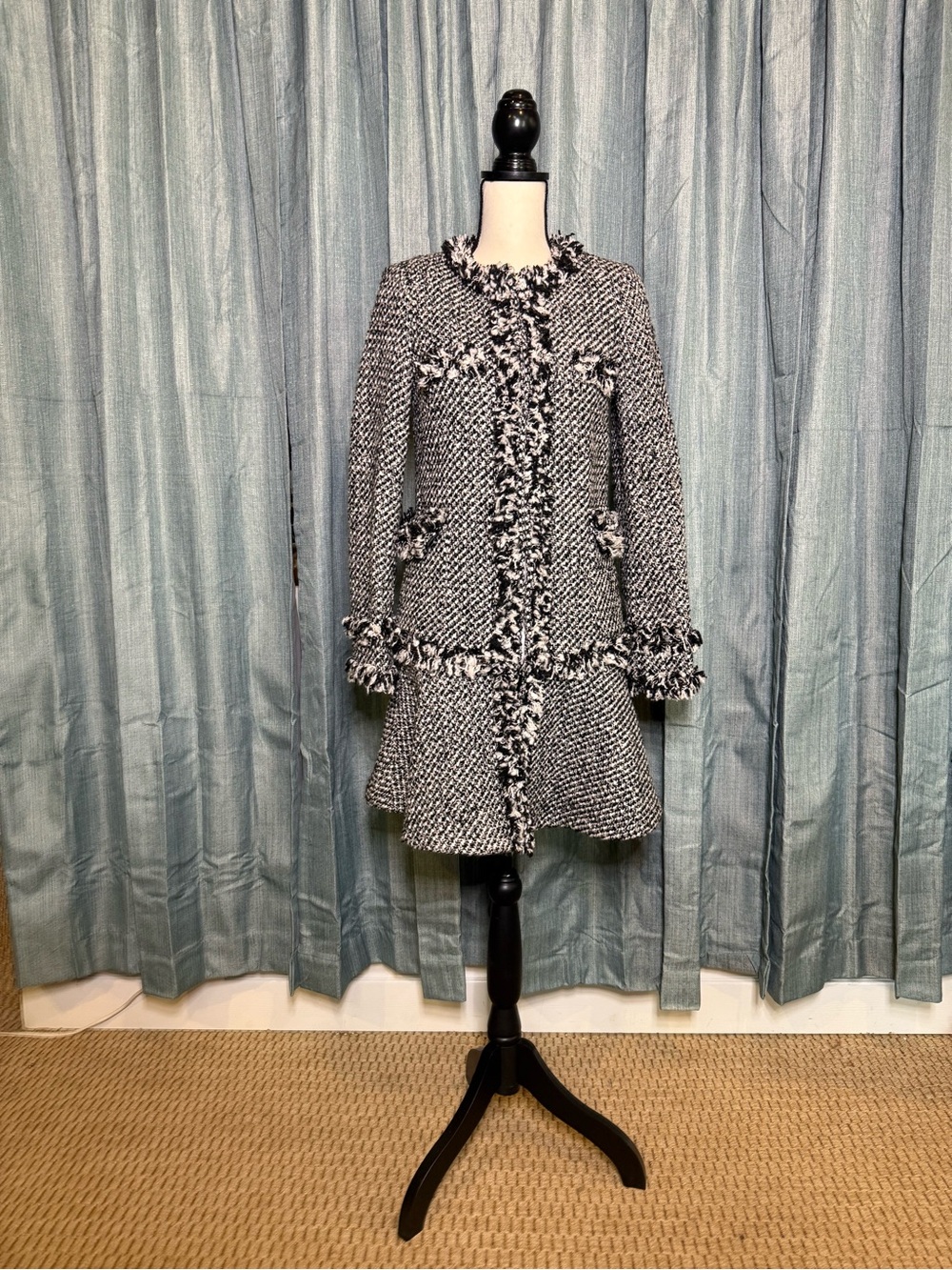 Chic Black & White Tweed Pea Coat with Fringe Trim
